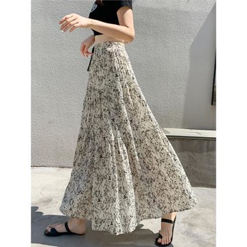 雪紡半身長裙女夏季2025新款遮跨飄逸大擺傘裙褶皺碎花a字半身裙