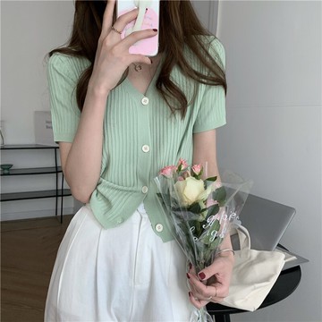 韓版簡約百搭修身顯瘦坑條開衫女年新款夏季v領針織衫設計感