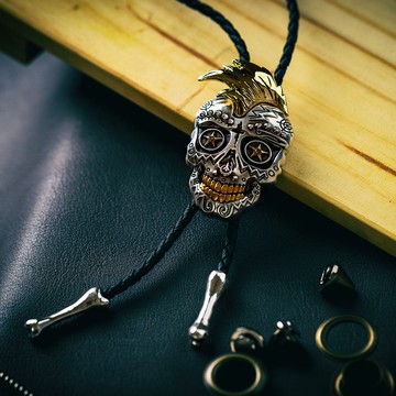 【MF select】墨西哥骷髏頭 龐克款 保羅領帶 Bolo Tie 皮繩領帶 襯衫領繩 西裝領帶 領繩領帶