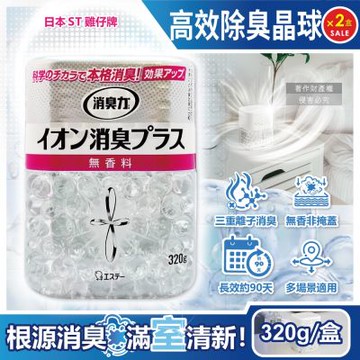 (2盒超值組)日本ST雞仔牌-消臭力室內放置型三重離子高效除臭晶球320g/盒-無香(部屋機能PLUS,中和寵物異味鞋臭廚餘脫臭凝珠,玄關客廳廚房廁所空氣清新)