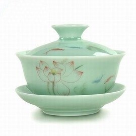 【青瓷蓋碗-手繪荷花-直徑10*高8cm-120ml-1套/組】茶道茶具配件 青瓷蓋碗大號陶瓷三才杯茶碗-7501015