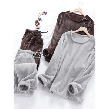 加厚法蘭絨睡衣男士大碼加絨珊瑚絨兩件套裝男士圓領套頭家居服冬