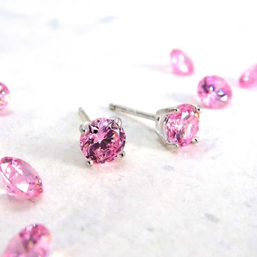 ART64 純銀 櫻粉 5mm圓形爪鑲耳環 單鑽系列 925純銀耳環