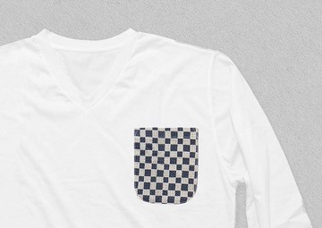 江戶小紋 T 卹方格白色配海軍藍色江戶小紋口袋長袖 V 領