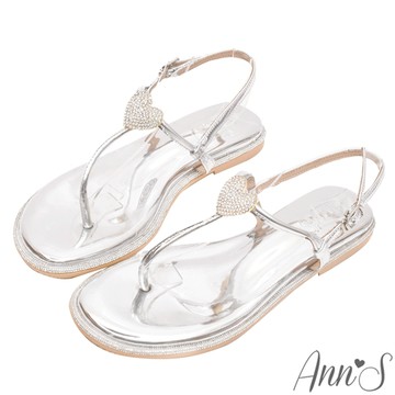 🧧開運好鞋9折入手🧧Ann’S鑽石圍邊寬版-立體愛心平底夾腳涼鞋1cm-銀