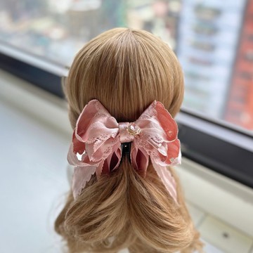 獨家絲光蝴蝶結相交夾香蕉夾仙女夾髮夾-橘粉色