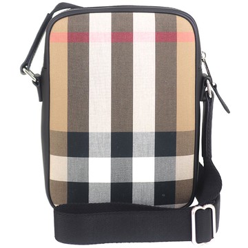 BURBERRY PADDY 卡其黑蘇格蘭格紋帆布皮飾邊直立斜背包-小