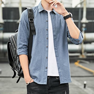 【雲渡小鋪】男士短袖 夏季韓版純棉短袖襯衫 素色修身大尺碼襯衫 男士七分袖襯衫 青年帥氣百搭襯衣 正韓上衣