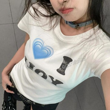 🥇2026新款🥇韓國ins小衆復古愛心標語印花正肩短款修身顯瘦純棉高彈短袖T恤女LV48G