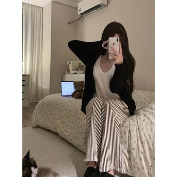 春秋網紅風純棉睡衣女款休閑夏季純色背心條紋長褲三件套裝家居服