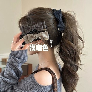 臺灣熱賣🔥🔥藏藍色格紋蝴蝶結髮夾 學院風少女頭飾 後腦勺盤髮一字夾 馬尾香蕉夾豎夾 蝴蝶結髮夾 藏藍色髮飾 格紋髮夾