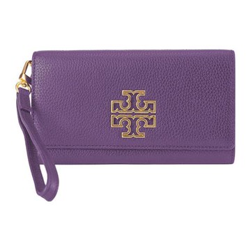 【TORY BURCH】雙T-LOGO皮革翻蓋手拿包長夾-深紫