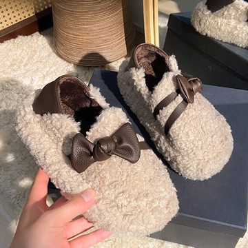 兩穿可後踩．可愛蝴蝶結羊羔毛拼接厚底懶人包鞋．白鳥麗子