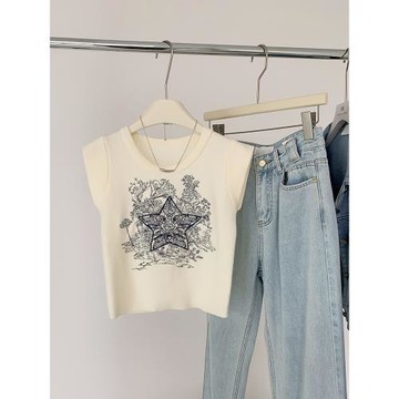 星星刺繡美式重工小飛袖T恤女2025夏季新款針織短款打底上衣背心