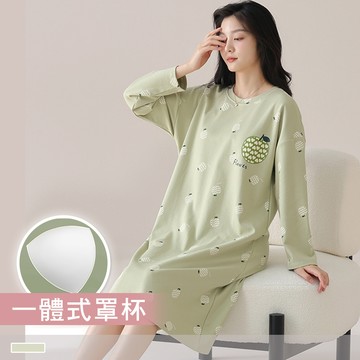 連身睡裙【罩杯式】棉柔舒適 青蘋心語 印花寬版外穿長袖睡衣 居家服 81234