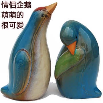 陶瓷動物仿真小企鵝擺件情侶生日禮品兒童房陽臺客廳飾品花園水景1入