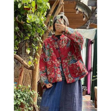 2024款落古泥復古文藝寬松休閑百搭立領短棉衣紅大花中國風棉服女