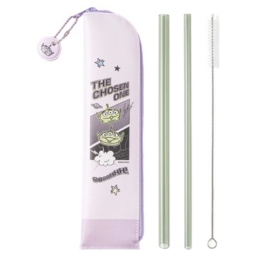 Oolab 良杯製所 繪想年代系列 防潑水吸管收納組 透明斜口大口徑吸管 26cm 軍綠色 + 透明斜口小口徑吸管 26cm 軍綠色 + 吸管專用清潔刷 三眼怪款  1組  1組