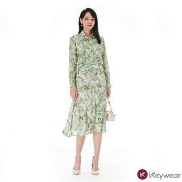 KeyWear奇威名品    夏日清新熱帶印花中長裙-淺綠色