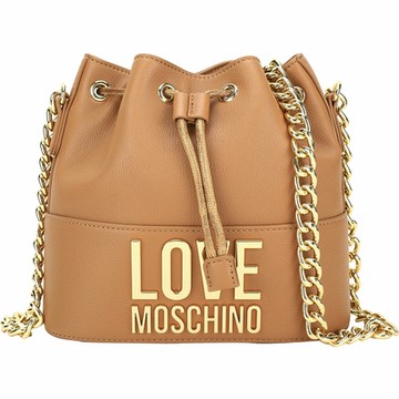 LOVE MOSCHINO 字母壓紋皮革抽繩鍊帶水桶包(棕色)