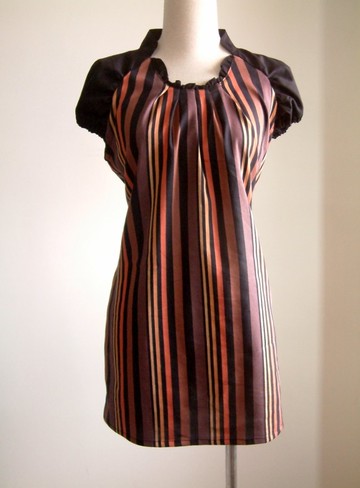 立領多彩條紋長版衣-橘色