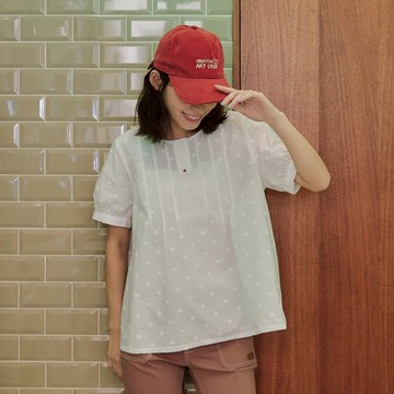 【Dailo】貓咪門襟泡泡袖短袖上衣 白 藍 黑