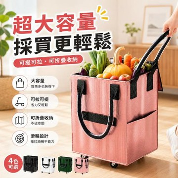 【A&R】多功能滑輪購物收納袋 四色任選(硬挺 買菜車 大容量 萬向輪 可折疊 可提可拉 露營收納)