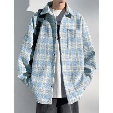 男生早秋穿搭小外套 高級感格子翻領潮牌襯衫痞帥寬鬆百搭夾克