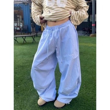 美式小眾藍色條紋闊腿彎刀休閑褲男女夏季皺褶設計寬松廓形運動褲