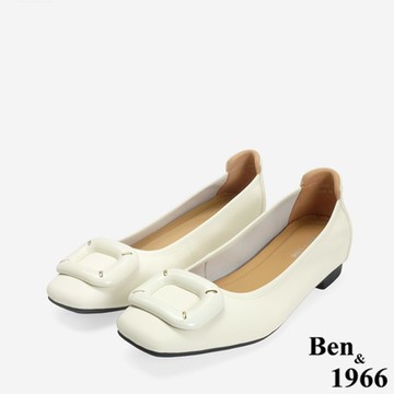 Ben&1966高級絲綢羊皮可愛方釦舒適包鞋-米白(246582)