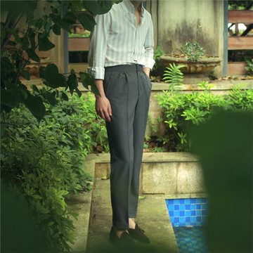 NHO2夏季薄款男士加捻抗皺碎褶灰色羊毛休閑西褲那不勒斯直筒長褲