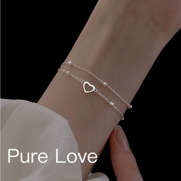Pure Love樂芙 / 正韓 銀飾【S925純銀】B0621簡約通體純銀手鍊鏤空愛心小圓珠雙層手鏈 / 銀