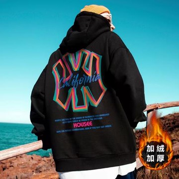 美式復古衛衣男連帽潮牌歐美嘻哈胖子男裝加大碼秋冬加絨加厚外套