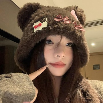 台灣出貨 可愛小熊耳朵帽子 貓咪蝴蝶結毛絨帽 女秋冬保暖帽子 護耳雷鋒帽 顯臉小帽子 針織帽 保暖毛帽 保暖帽 堆堆帽