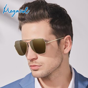【MEGASOL】UV400防眩偏光太陽眼鏡時尚男女中性大框墨鏡(帥氣多邊形簍空碟形大框GY-9109-多色選)
