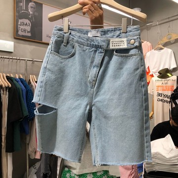 M-5XL 大尺碼短褲 韓版新款寬松a字高腰直筒闊腿女裝五分破洞牛仔短褲