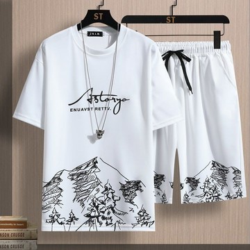 新品【夏季】【2件套】休閒套裝男士短袖短褲套裝男青年T恤五分褲運動服套裝薄