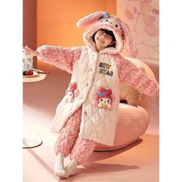 冬款兒童睡衣珊瑚絨三層夾棉加絨加厚可愛睡袍冬季女孩套裝家居服