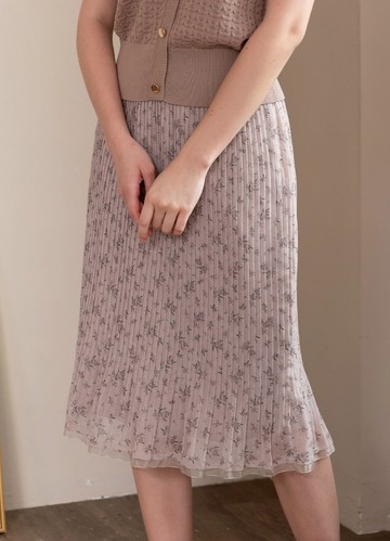 午後柔甜印花雪紡壓褶裙