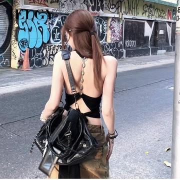 IELGY 【帶胸墊】女式修身無袖短上衣掛脖露背吊帶