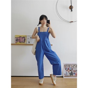 藍色寬松顯白高腰連體褲背帶褲長褲闊腿褲顯高日系工裝褲