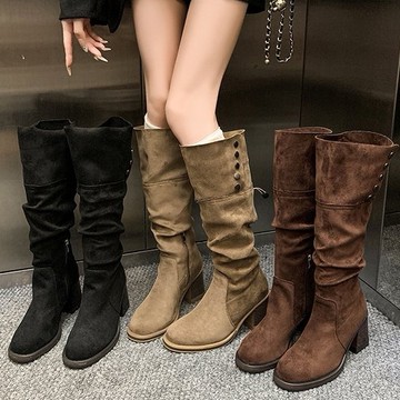 2WAY反摺兩穿．率性排釦抽繩側拉鍊圓頭粗跟長靴．白鳥麗子