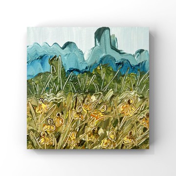 原創油畫小山風景藝術野花田野草地藝術