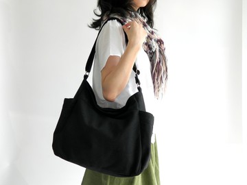 黑色帆布包 旅行肩背包   日常斜肩包 大容量購物袋 - 101-號蕾妮