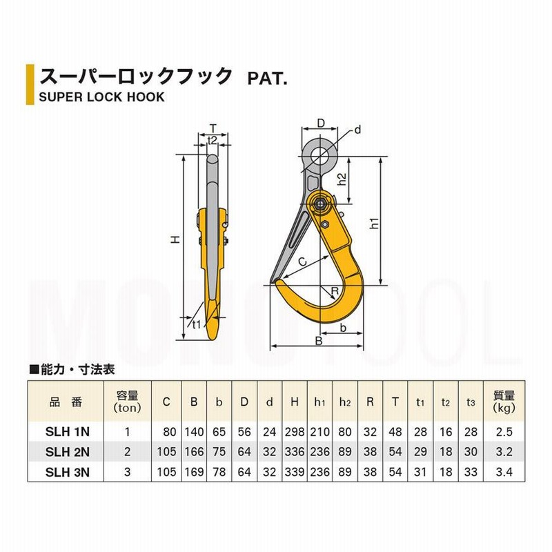 スリング取付け長さを自由に特注 スーパーロックフック SLH3N 使用荷重3t 敷鉄板吊りフック スーパーツール | LINEブランドカタログ