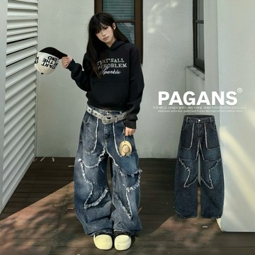 【PAGANS STORE】美式 復古 星星 毛邊 破壞 解構 造型 水洗 仿舊 結構 牛仔 彎刀 牛仔褲 彎刀褲 長褲