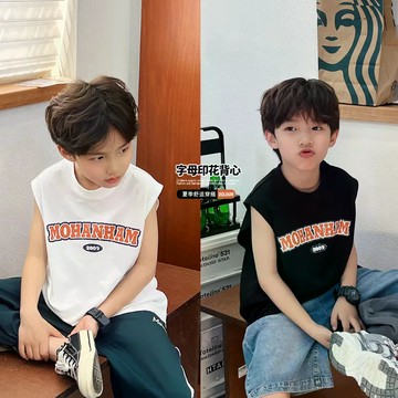 舒適清涼~童裝純棉夏裝新款男童帥氣中大童裝美式個性字母印花兒童無袖背心 兒童背心 中小童無袖上衣 韓版T恤 夏天衣服