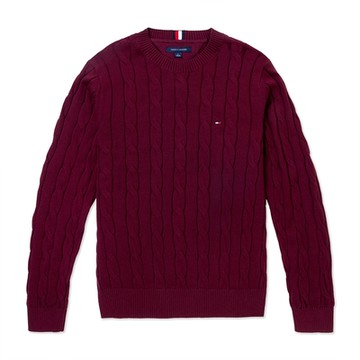 TOMMY 熱銷圓領Logo麻花針織毛衣-酒紅色