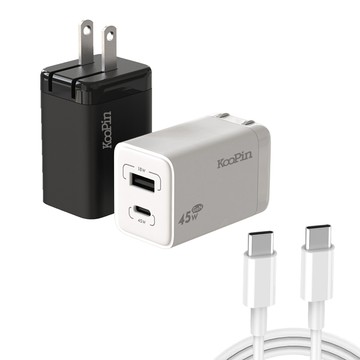 KooPin 45W氮化鎵 雙孔PD+QC 手機急速快充充電器(附贈Type-C充電線)