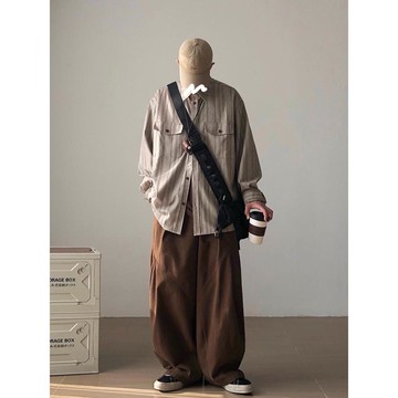 日系風格穿搭復古條紋襯衫男長袖寬鬆百搭休閒襯衫男